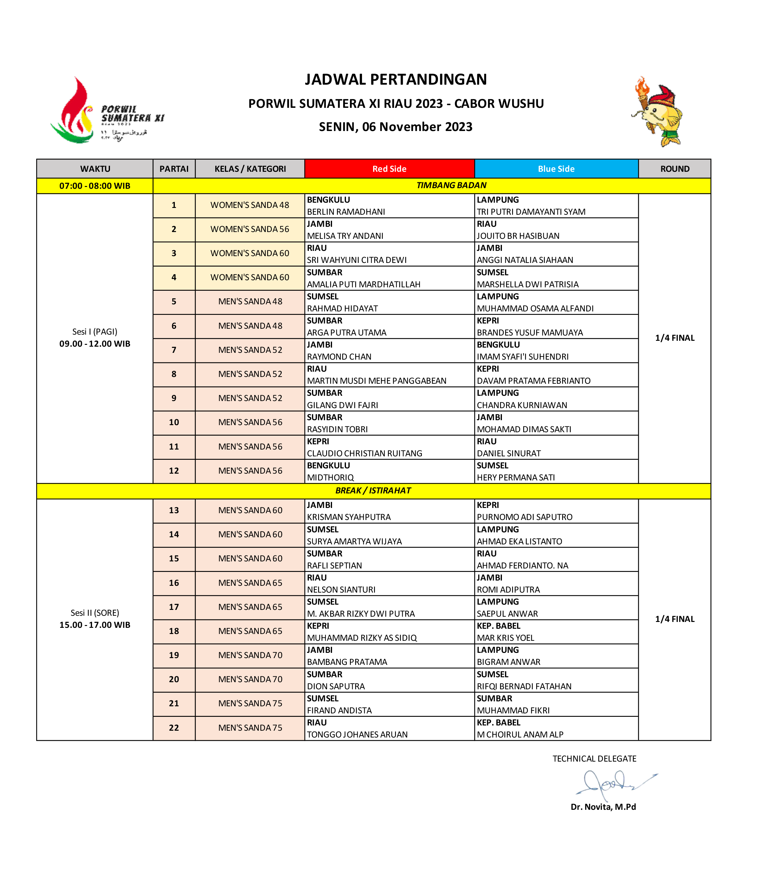 Jadwal Pertandingan 6 November 2023